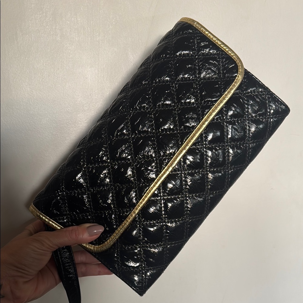 Black Patten Leather Quilted Clutch with Gold Trim